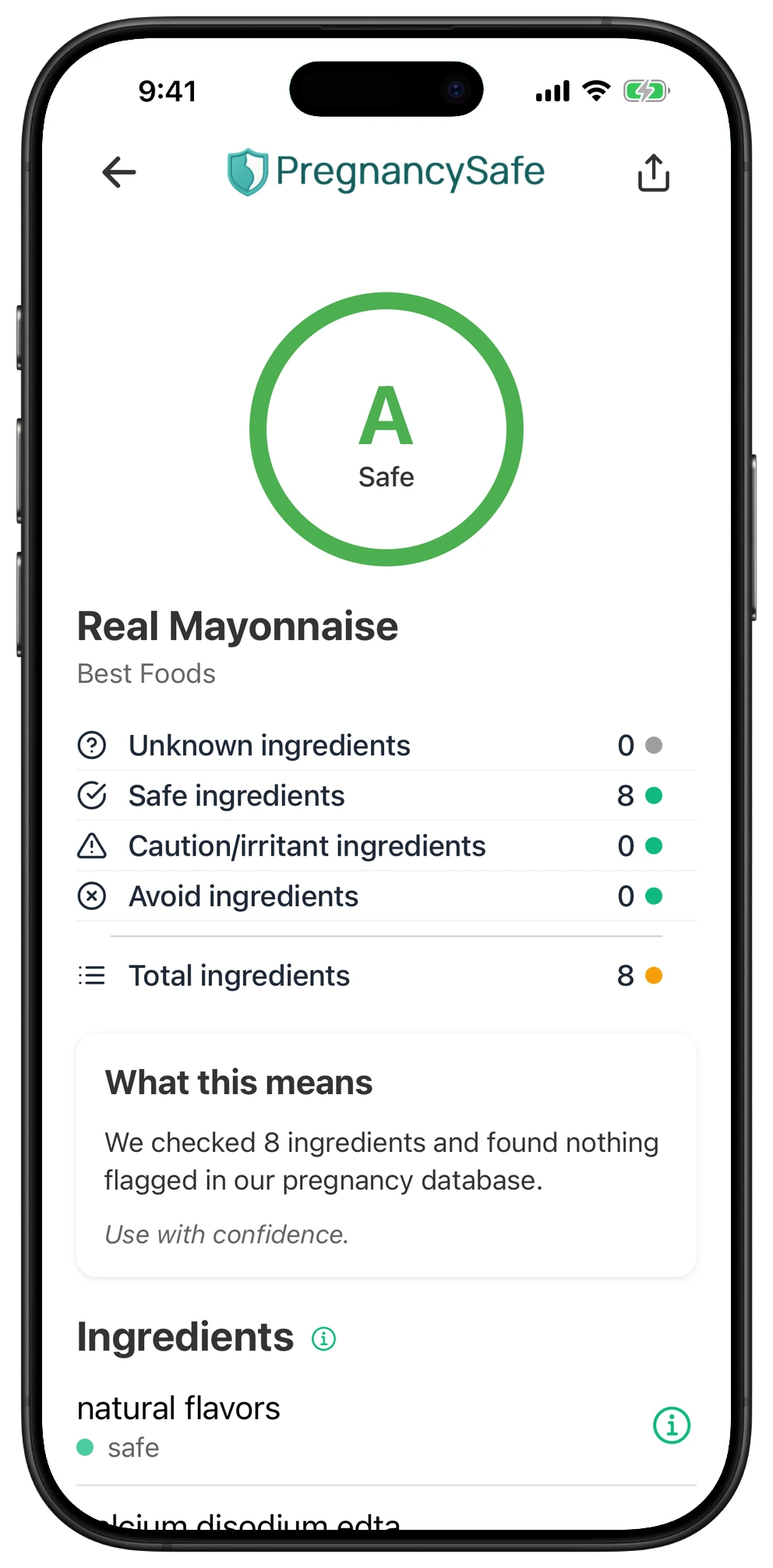 Pregnancy Safe app result for Real Mayonnaise