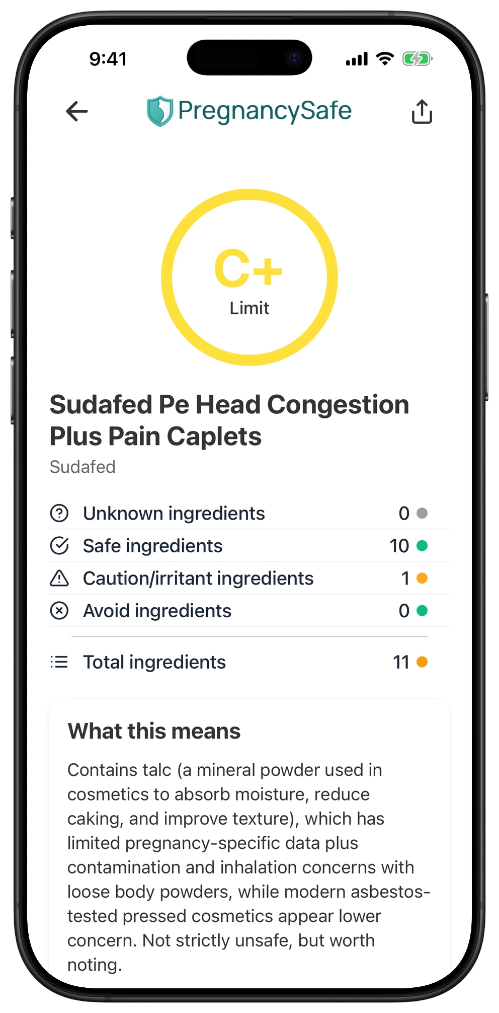 Pregnancy Safe app result for Sudafed Pe Head Congestion Plus Pain Caplets