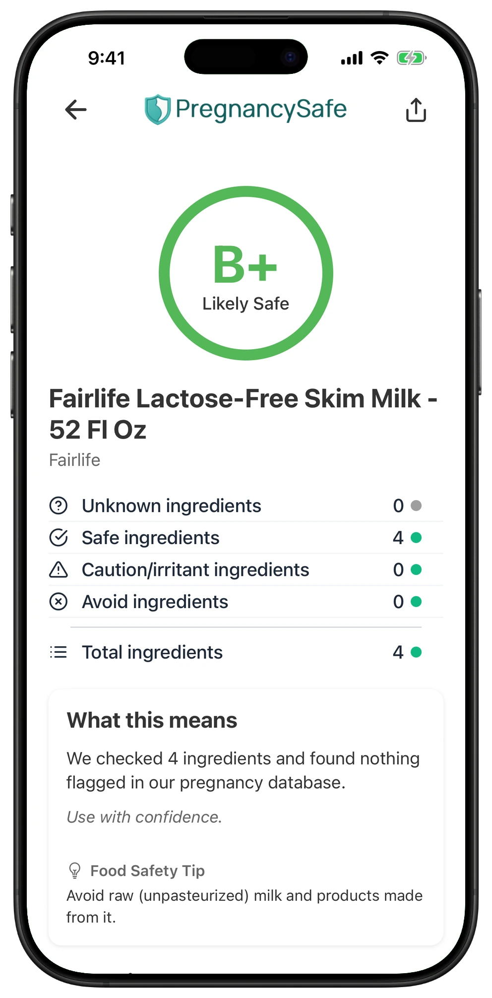 Pregnancy Safe app result for Fairlife Lactose-Free Skim Milk - 52 Fl Oz