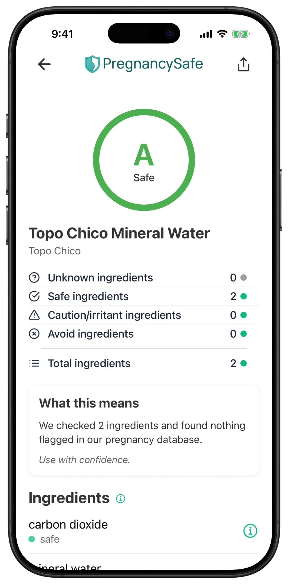 Pregnancy Safe app result for Topo Chico Mineral Water