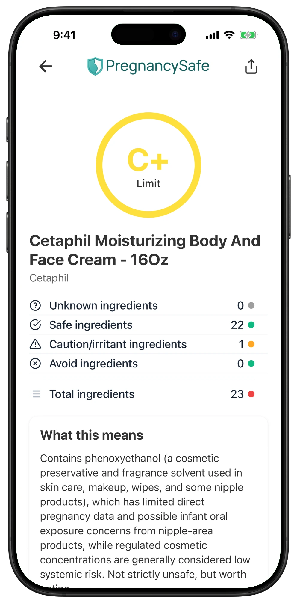 Pregnancy Safe app result for Cetaphil Moisturizing Body And Face Cream - 16Oz