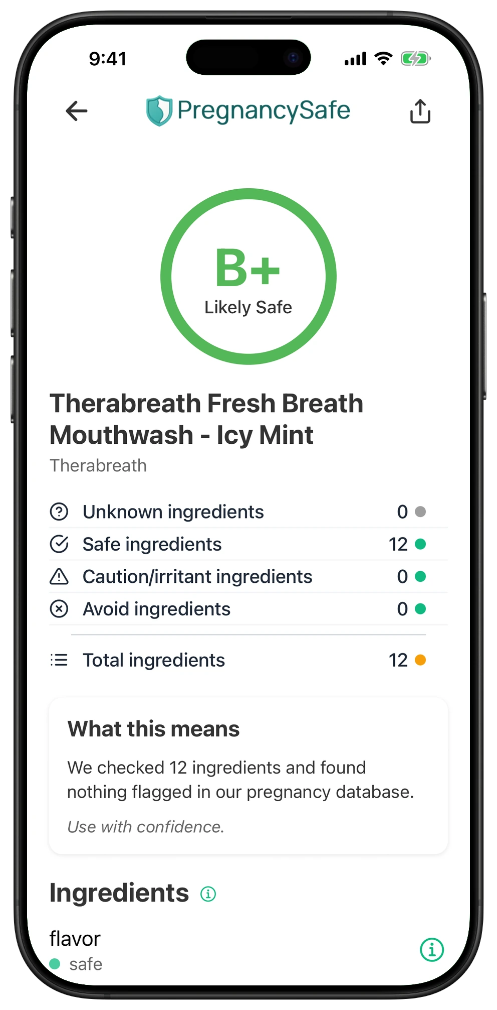 Pregnancy Safe app result for Therabreath Fresh Breath Mouthwash - Icy Mint