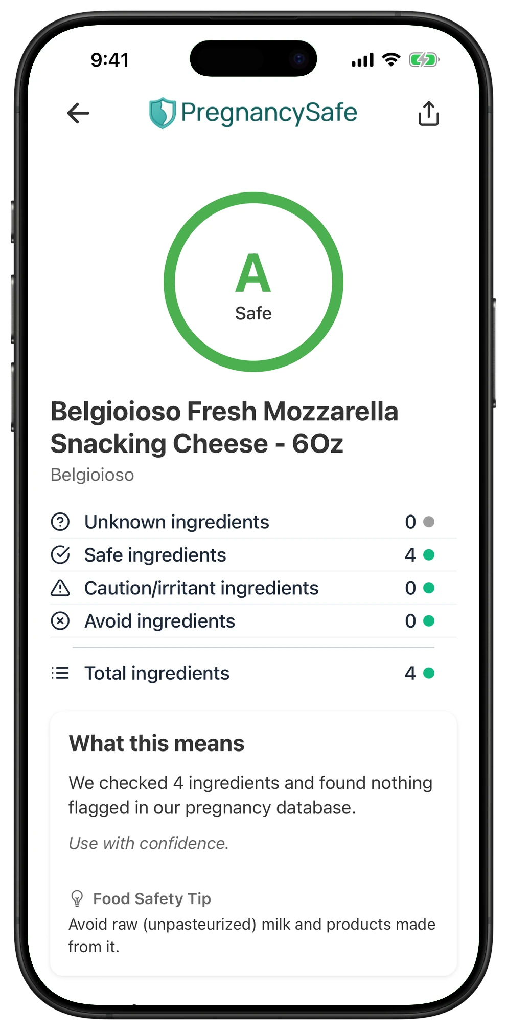 Pregnancy Safe app result for Belgioioso Fresh Mozzarella Snacking Cheese - 6Oz