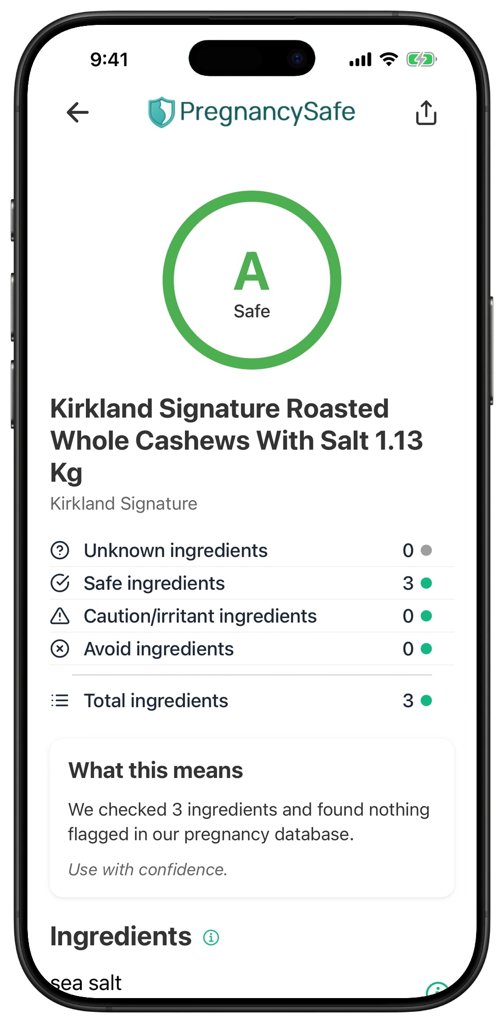 Pregnancy Safe app result for Kirkland Signature Roasted Whole Cashews With Salt 1.13 Kg