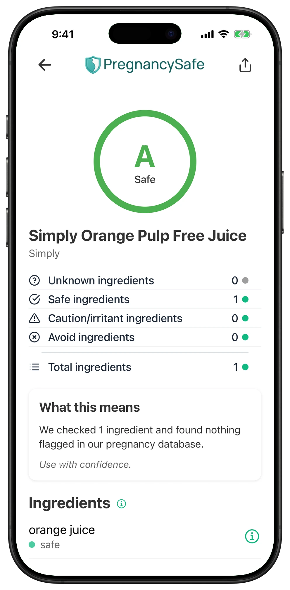 Pregnancy Safe app result for Simply Orange Pulp Free Juice