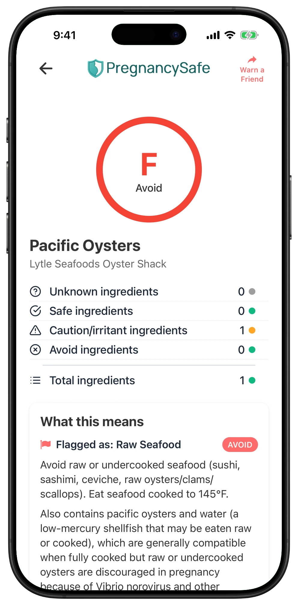 Pregnancy Safe app result for Pacific Oysters