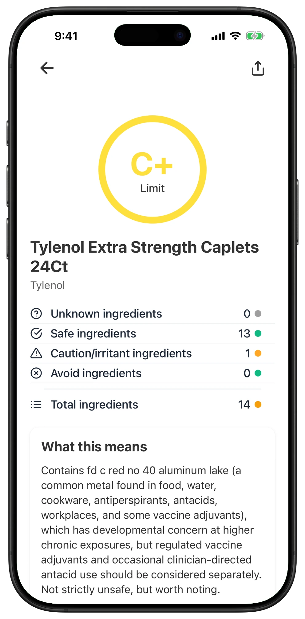 Pregnancy Safe app result for Tylenol Extra Strength Caplets 24Ct