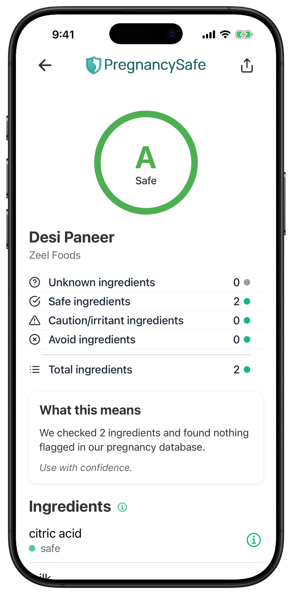 Pregnancy Safe app result for Desi Paneer