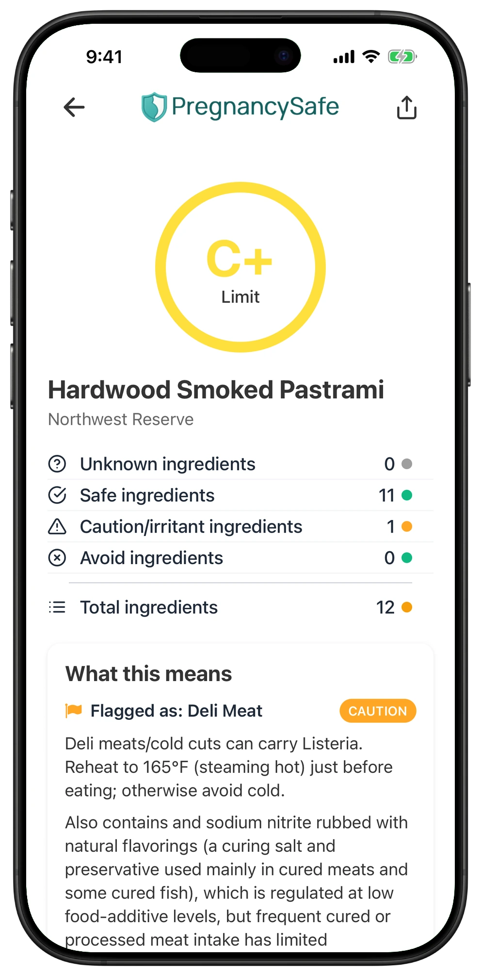 Pregnancy Safe app result for Hardwood Smoked Pastrami