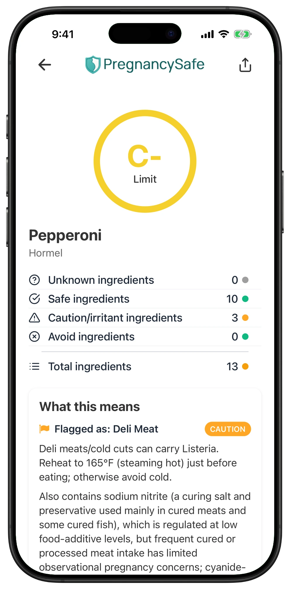 Pregnancy Safe app result for Pepperoni
