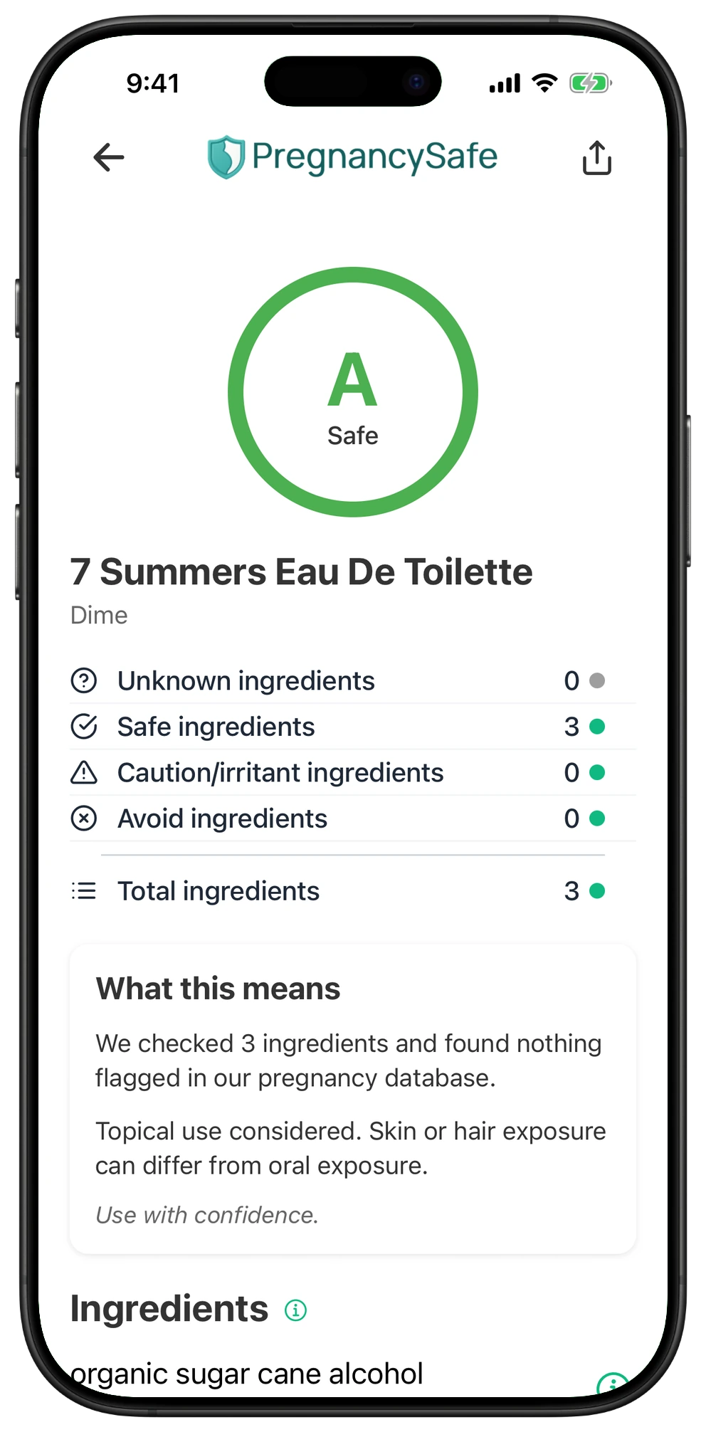 Pregnancy Safe app result for 7 Summers Eau De Toilette