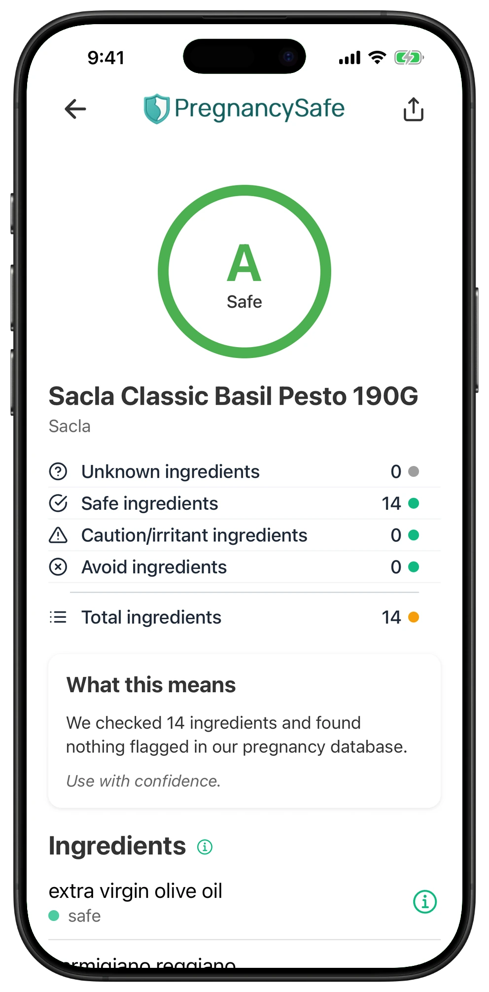Pregnancy Safe app result for Sacla Classic Basil Pesto 190G