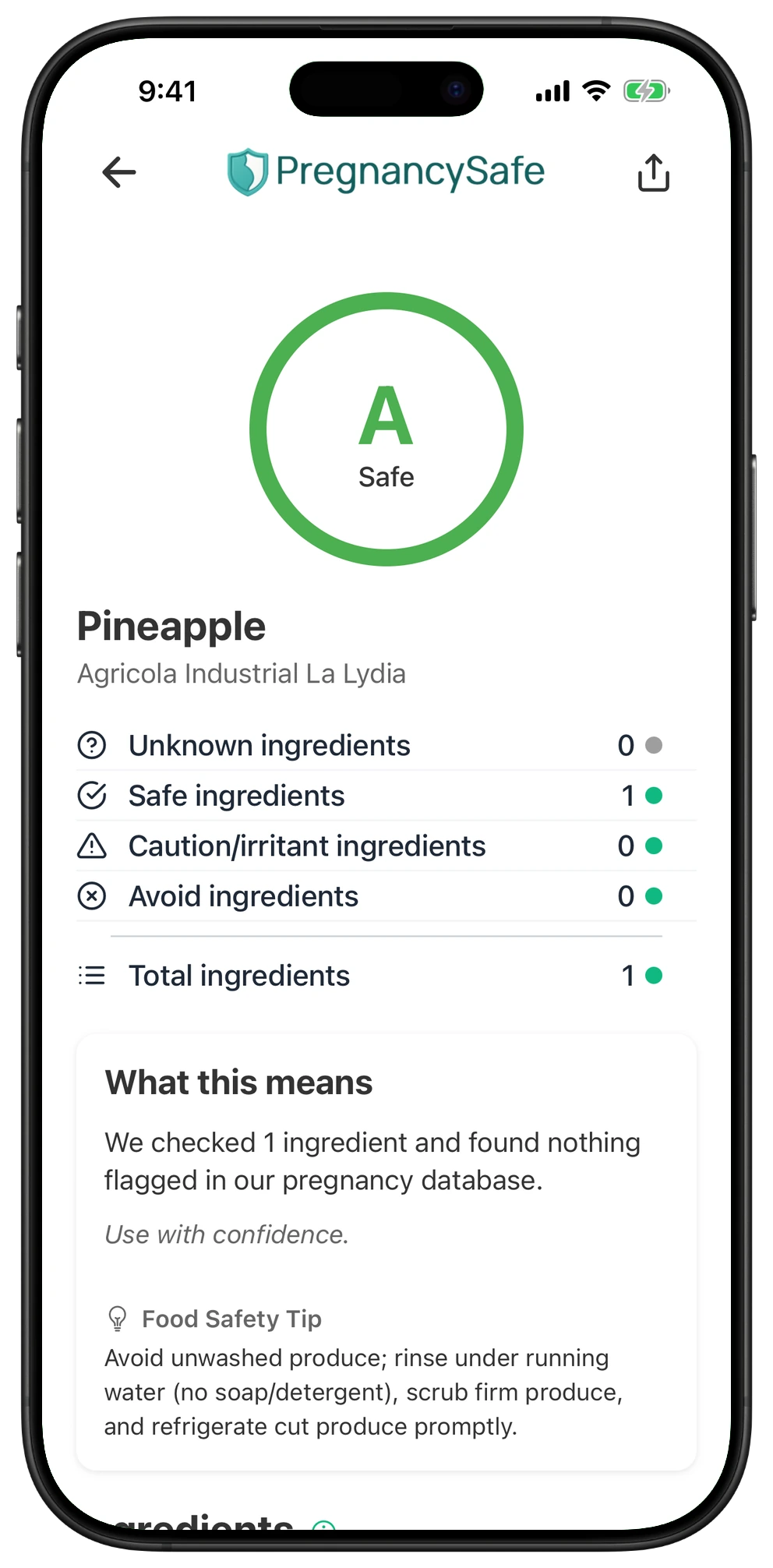 Pregnancy Safe app result for Pineapple