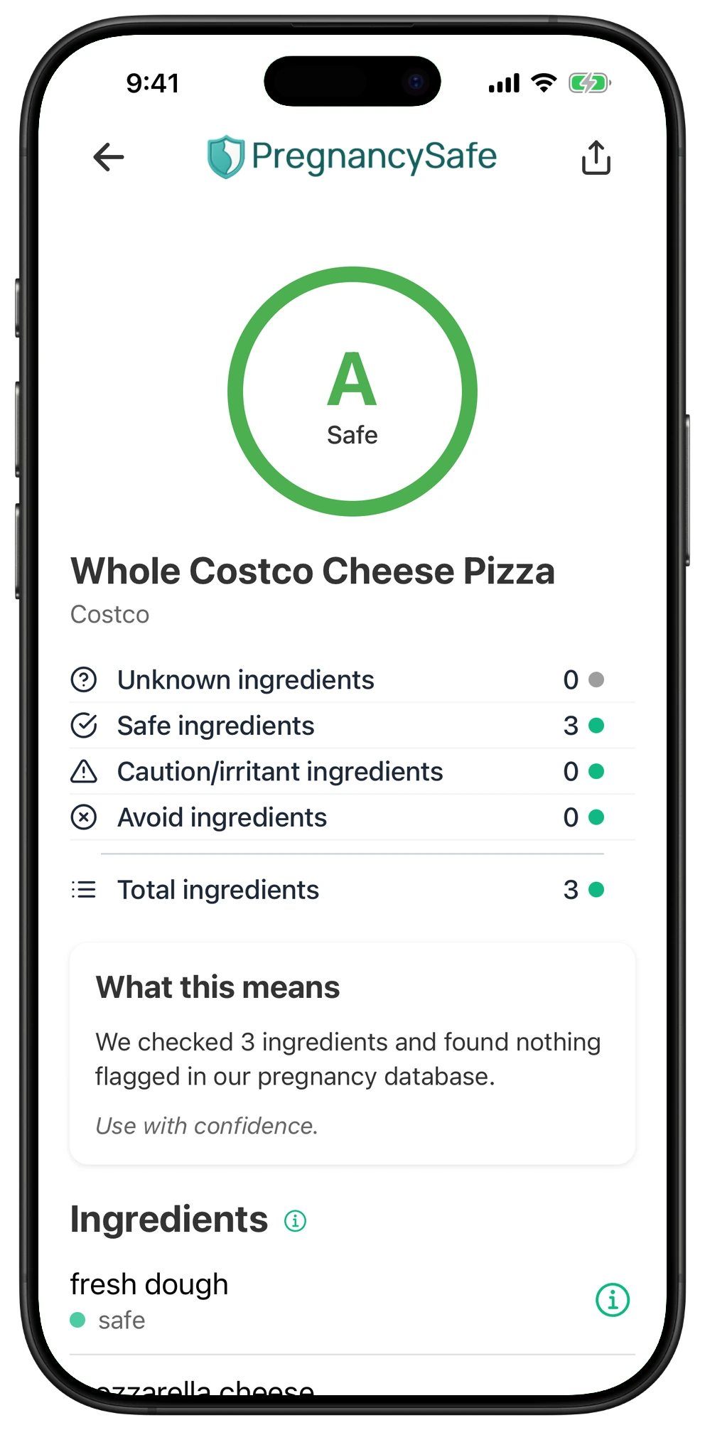Pregnancy Safe app result for Whole Costco Cheese Pizza