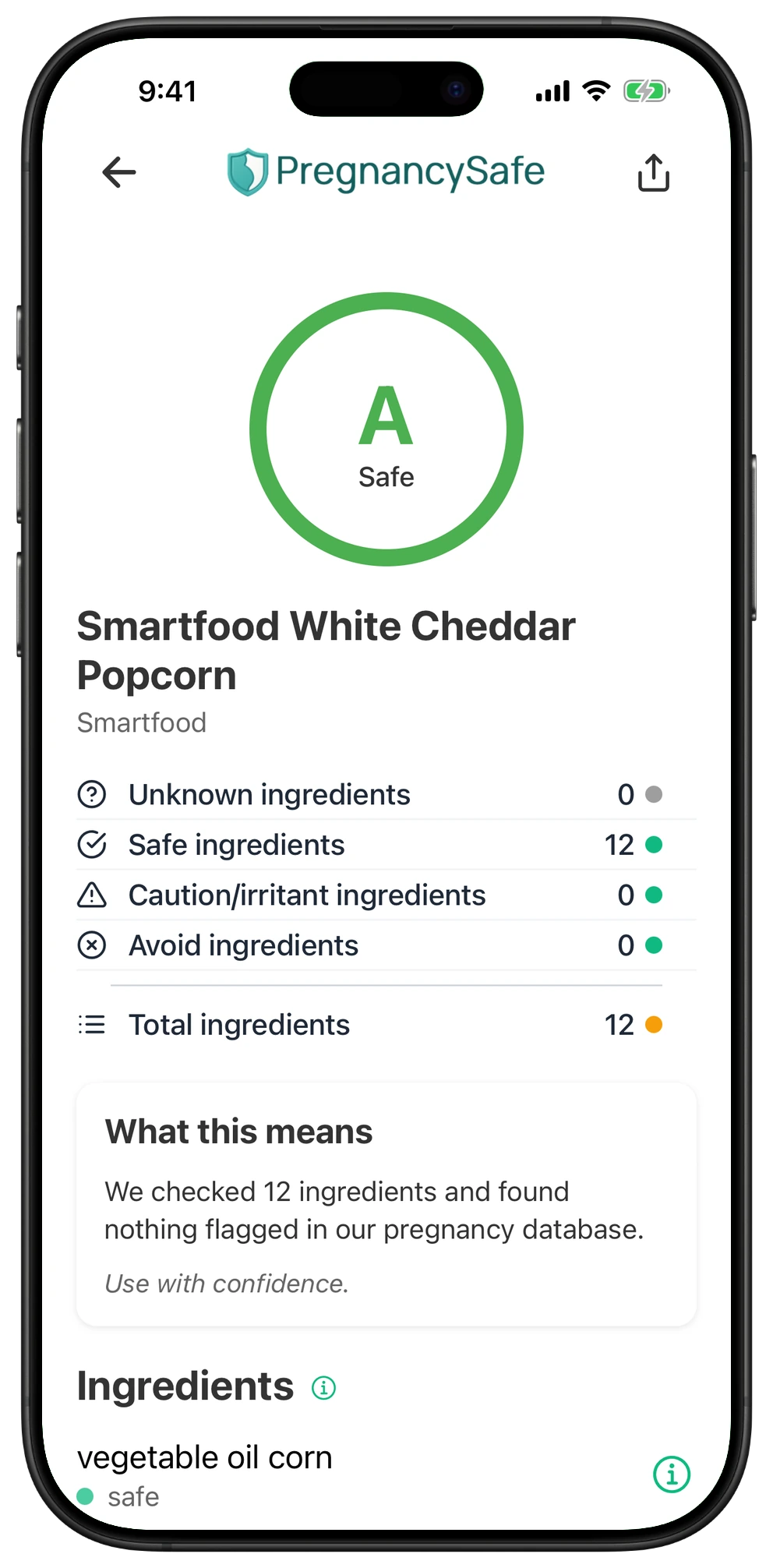 Pregnancy Safe app result for Smartfood White Cheddar Popcorn