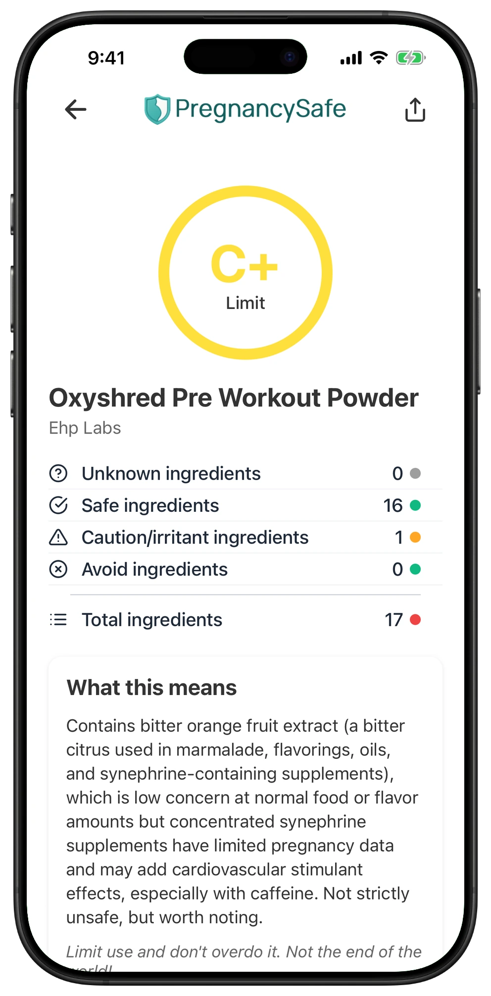 Pregnancy Safe app result for Oxyshred Pre Workout Powder