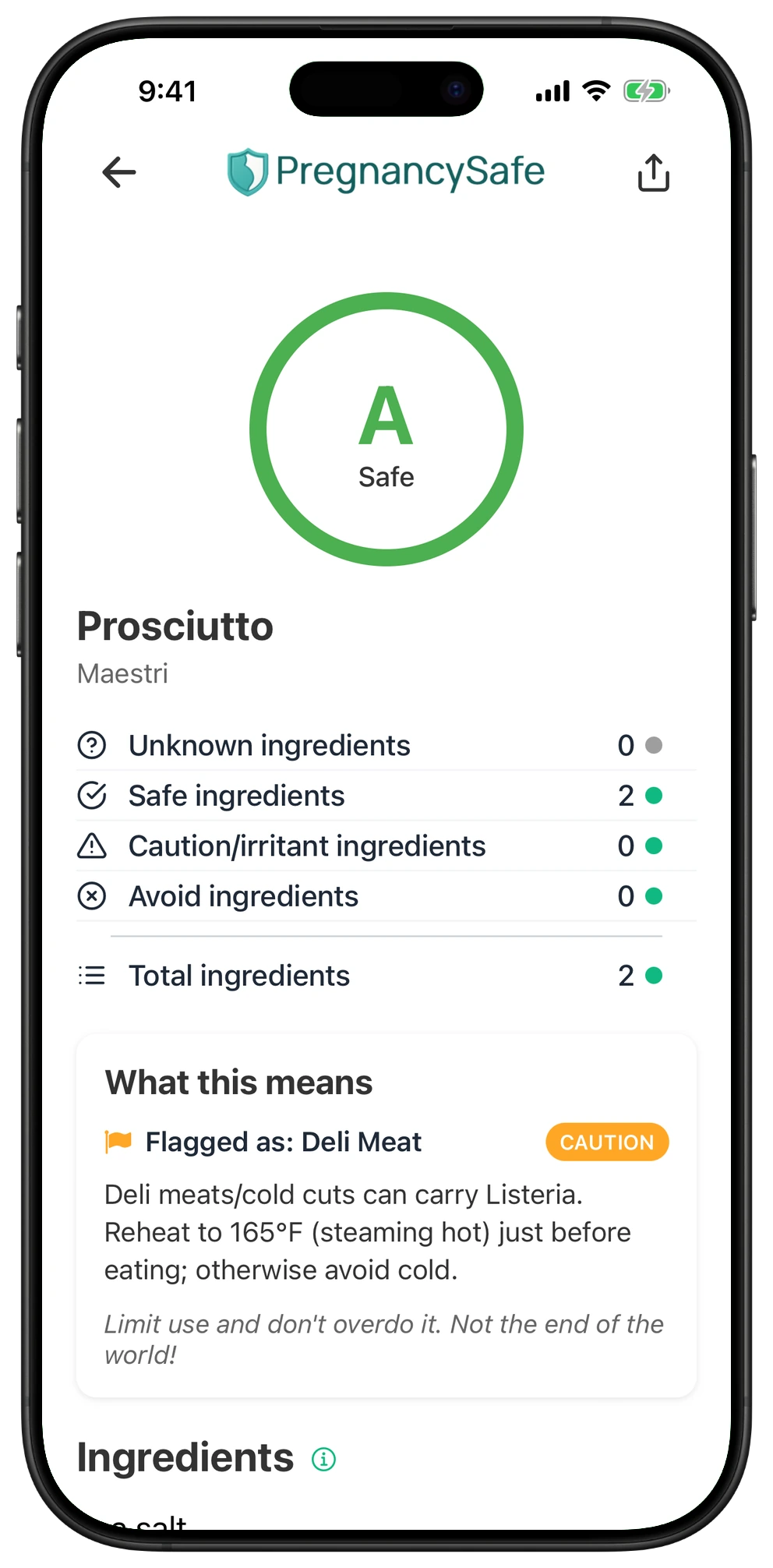 Pregnancy Safe app result for Prosciutto