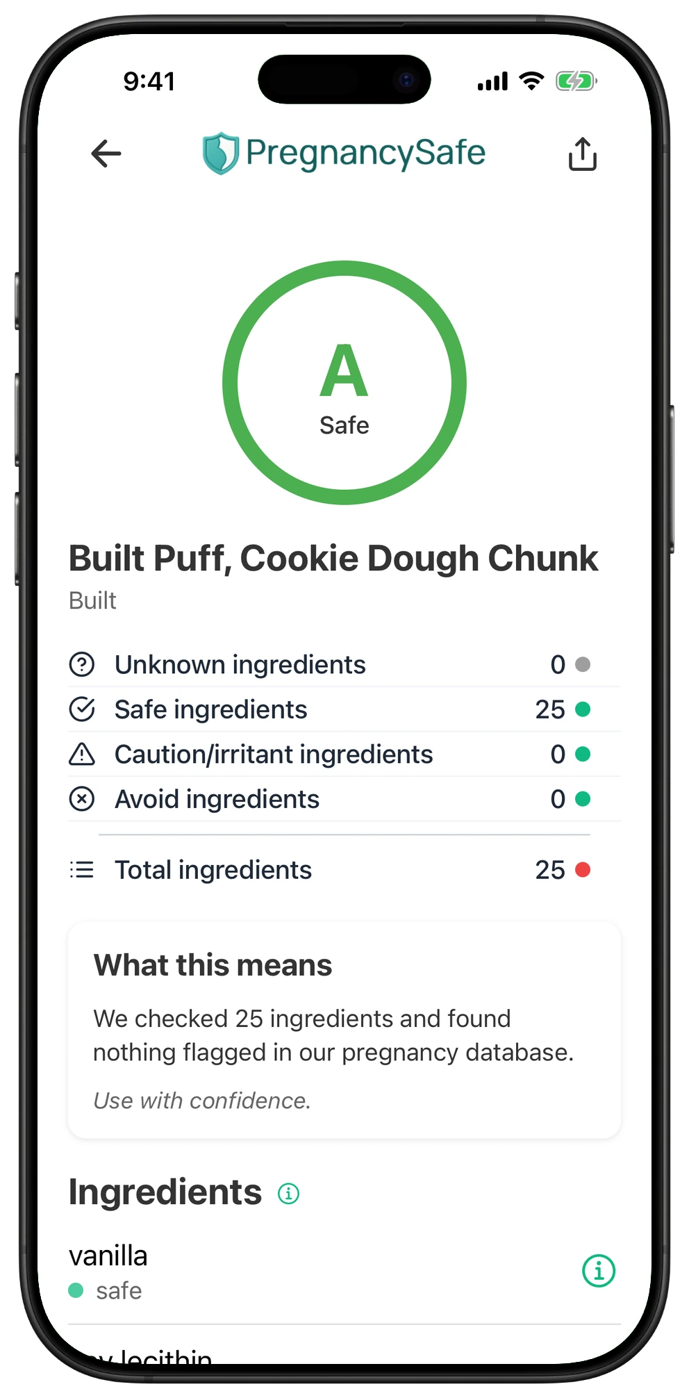 Pregnancy Safe app result for Built Puff, Cookie Dough Chunk
