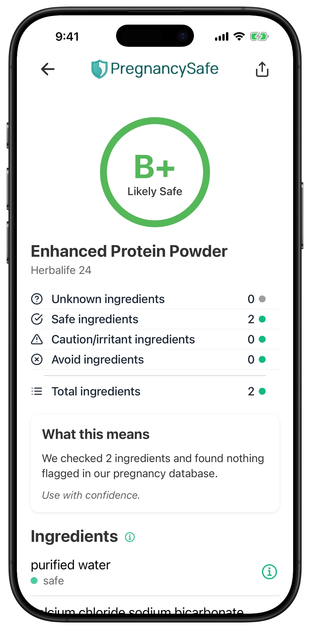 Pregnancy Safe app result for Enhanced Protein Powder