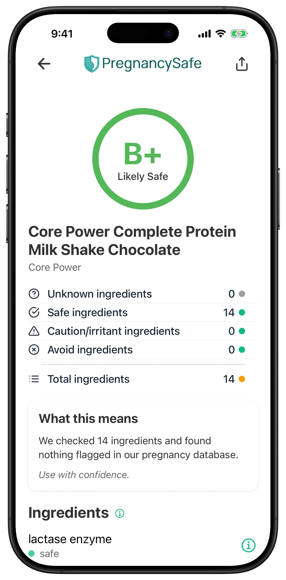 Pregnancy Safe app result for Core Power Complete Protein Milk Shake Chocolate