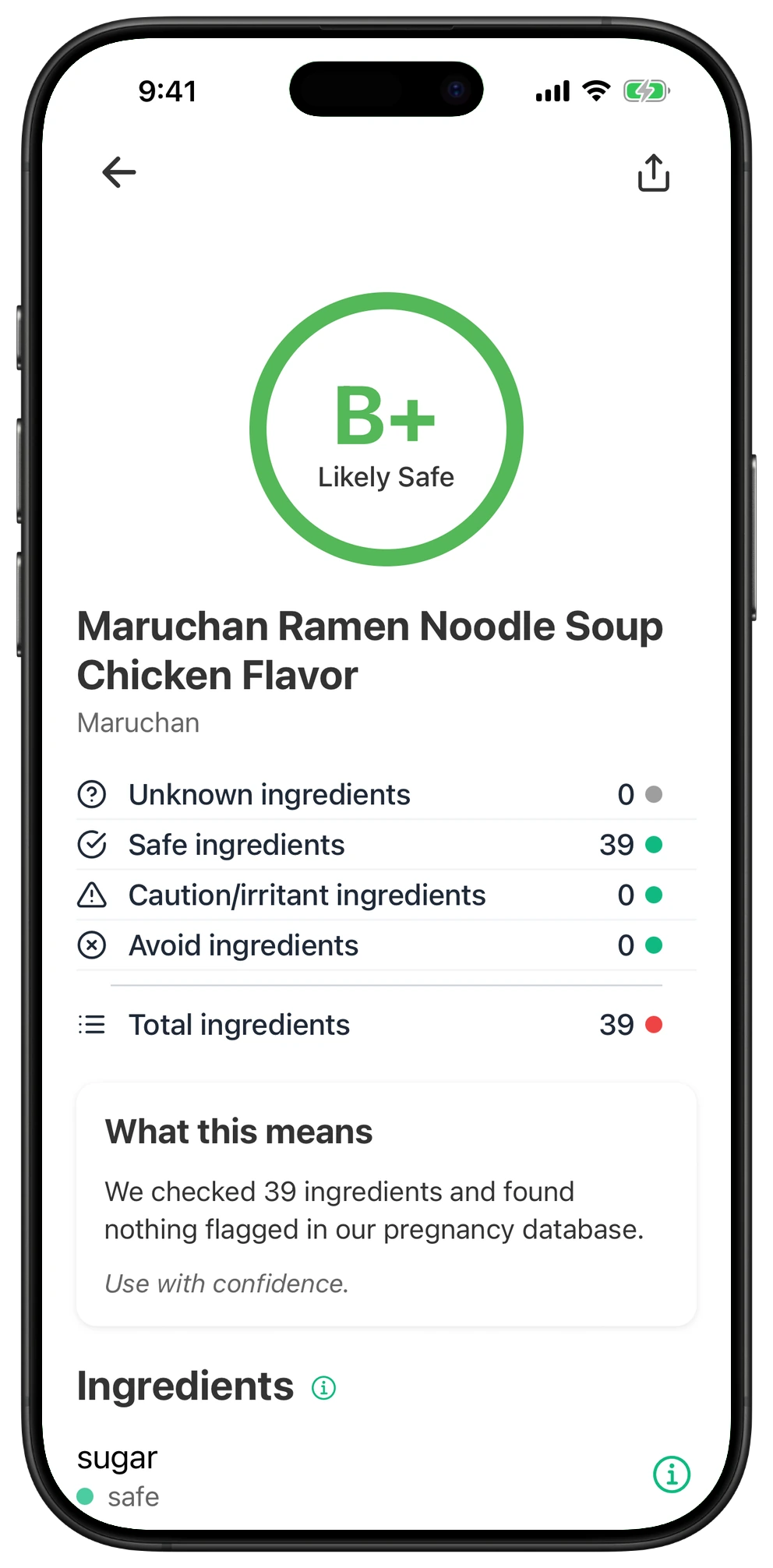 Pregnancy Safe app result for Maruchan Ramen Noodle Soup Chicken Flavor