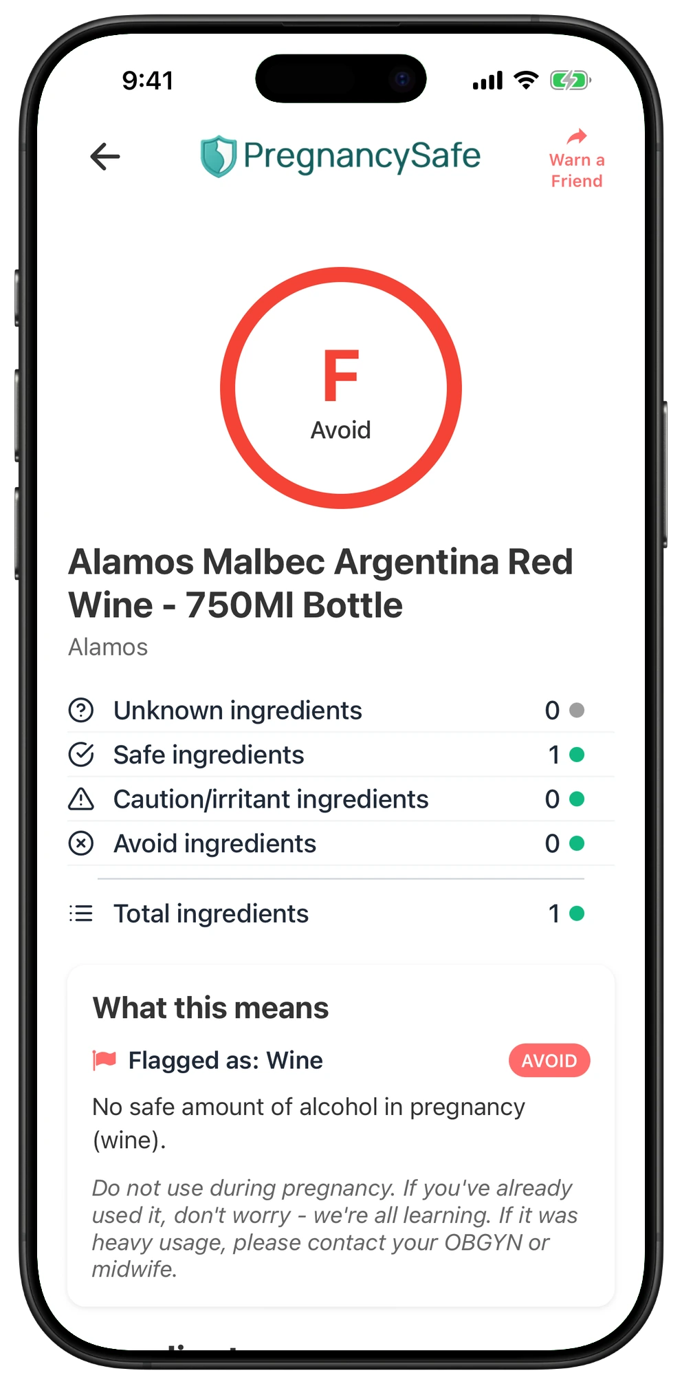 Pregnancy Safe app result for Alamos Malbec Argentina Red Wine - 750Ml Bottle