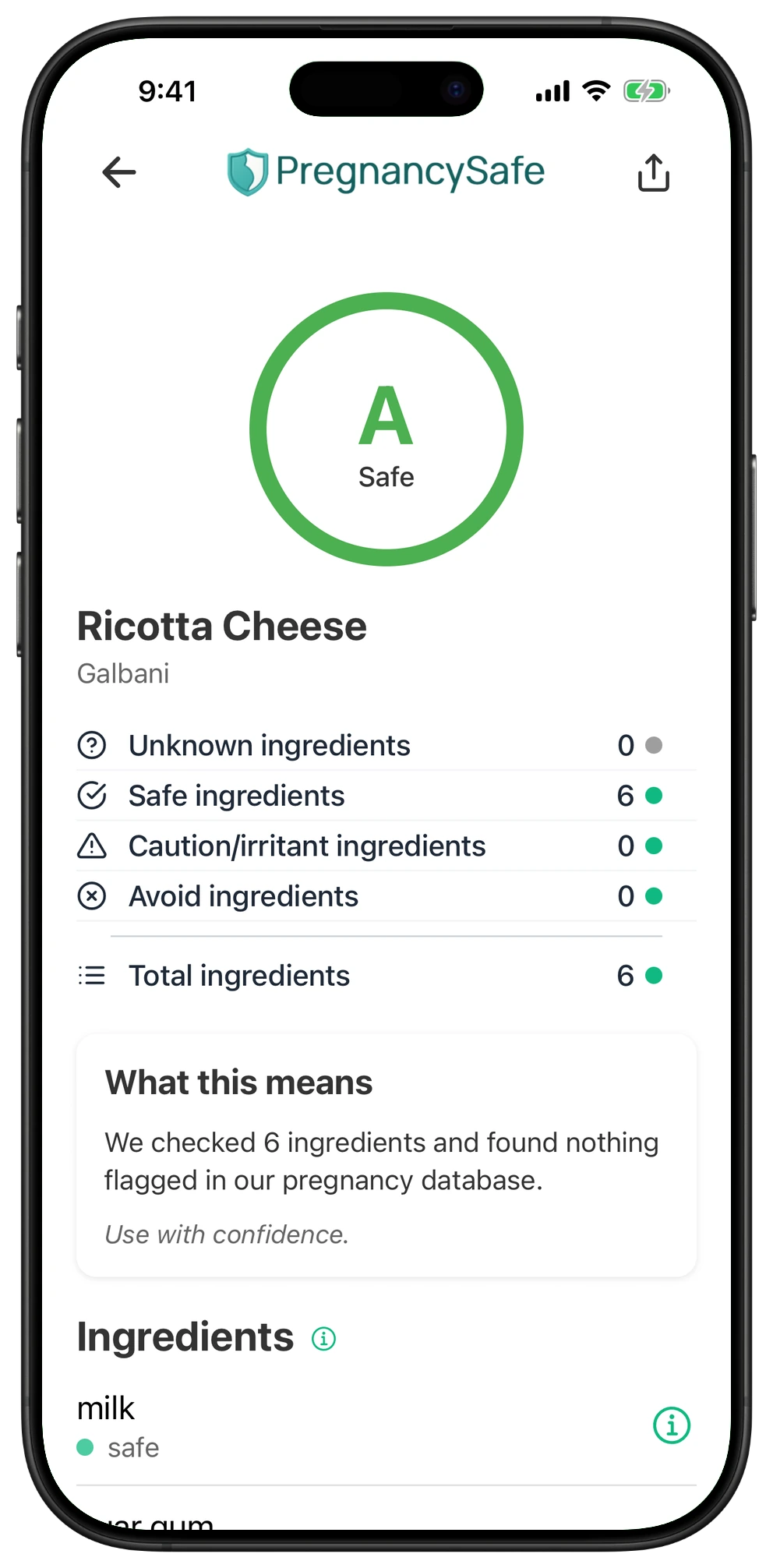 Pregnancy Safe app result for Ricotta Cheese