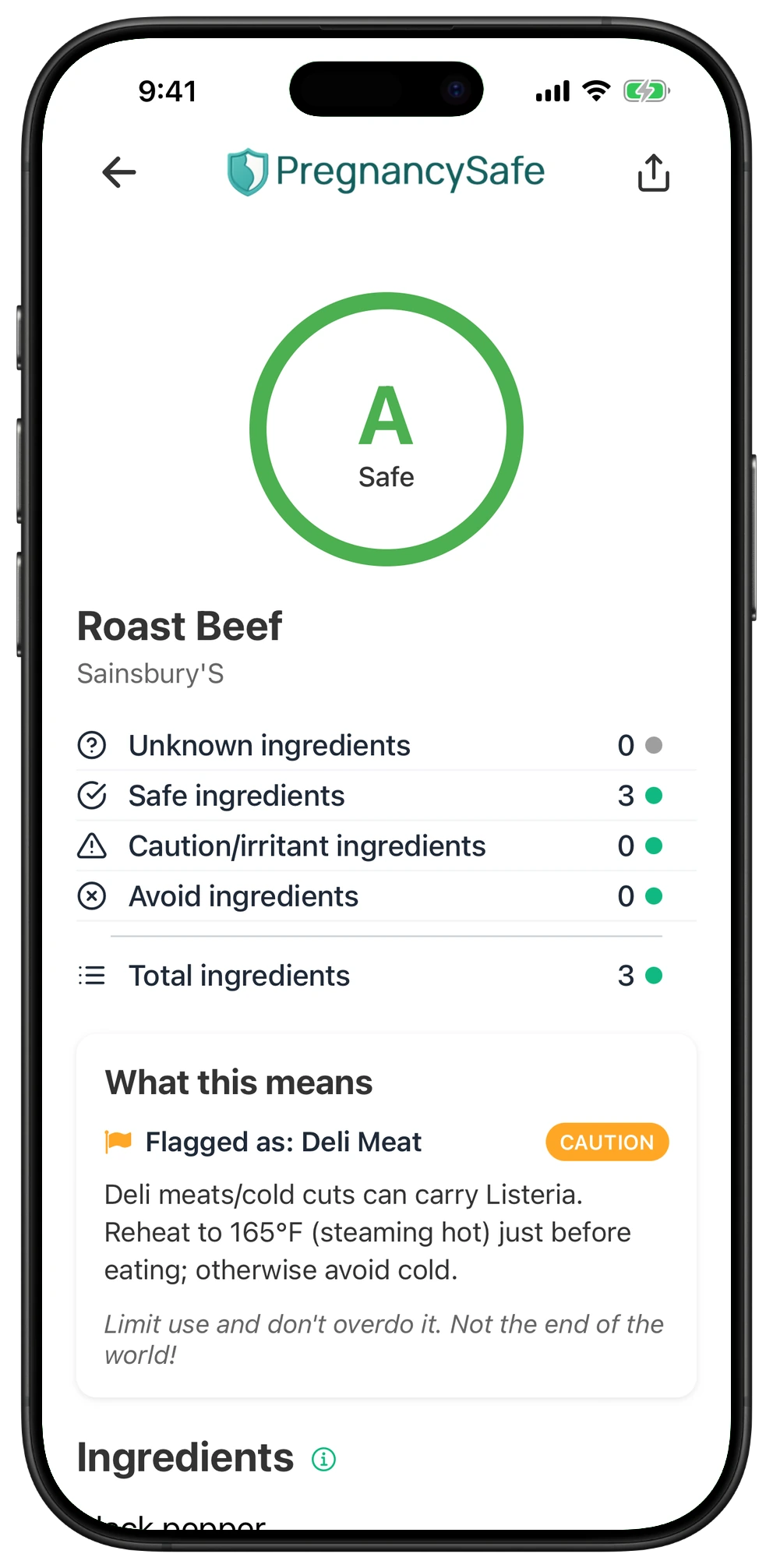 Pregnancy Safe app result for Roast Beef