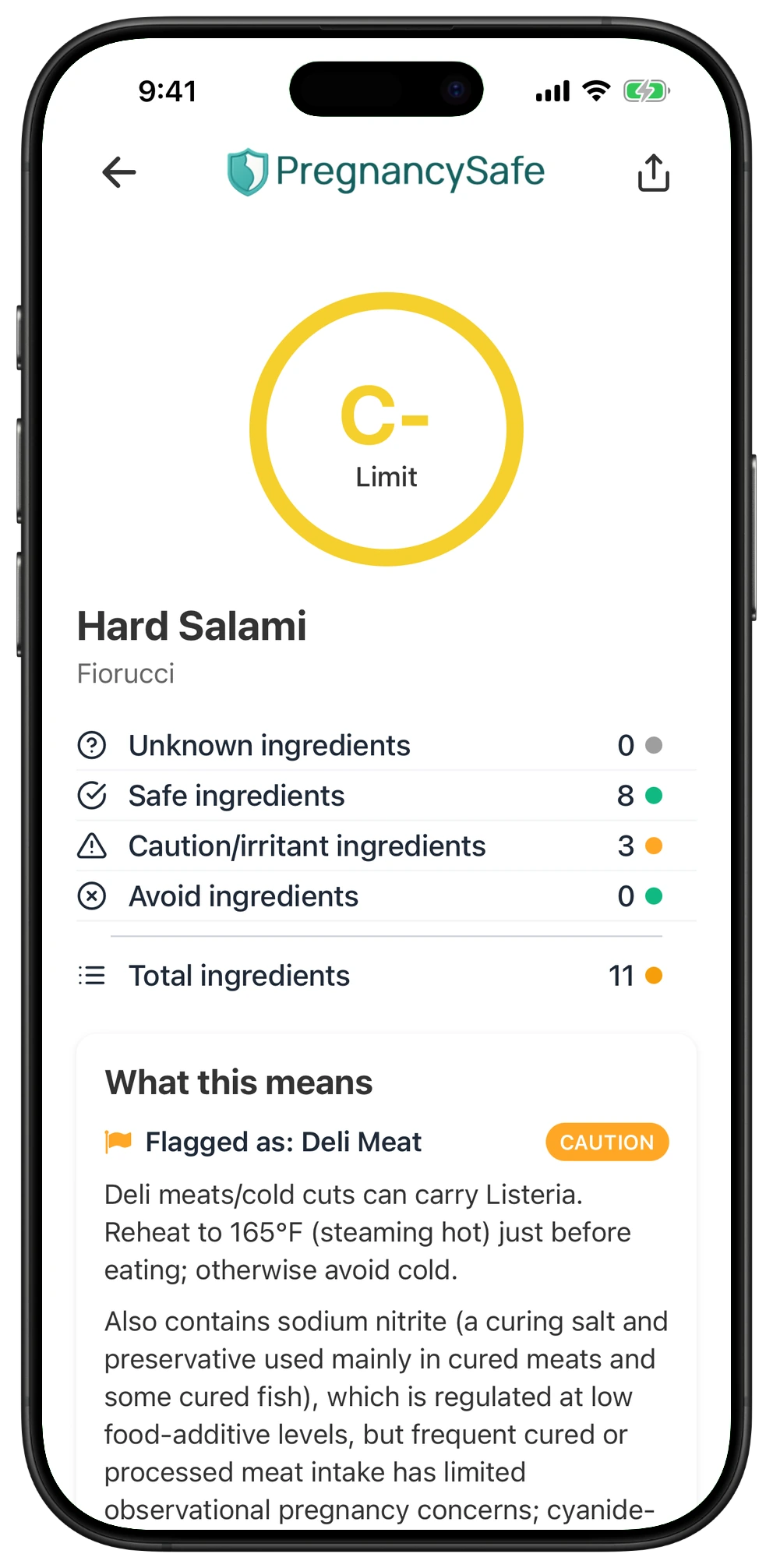 Pregnancy Safe app result for Hard Salami