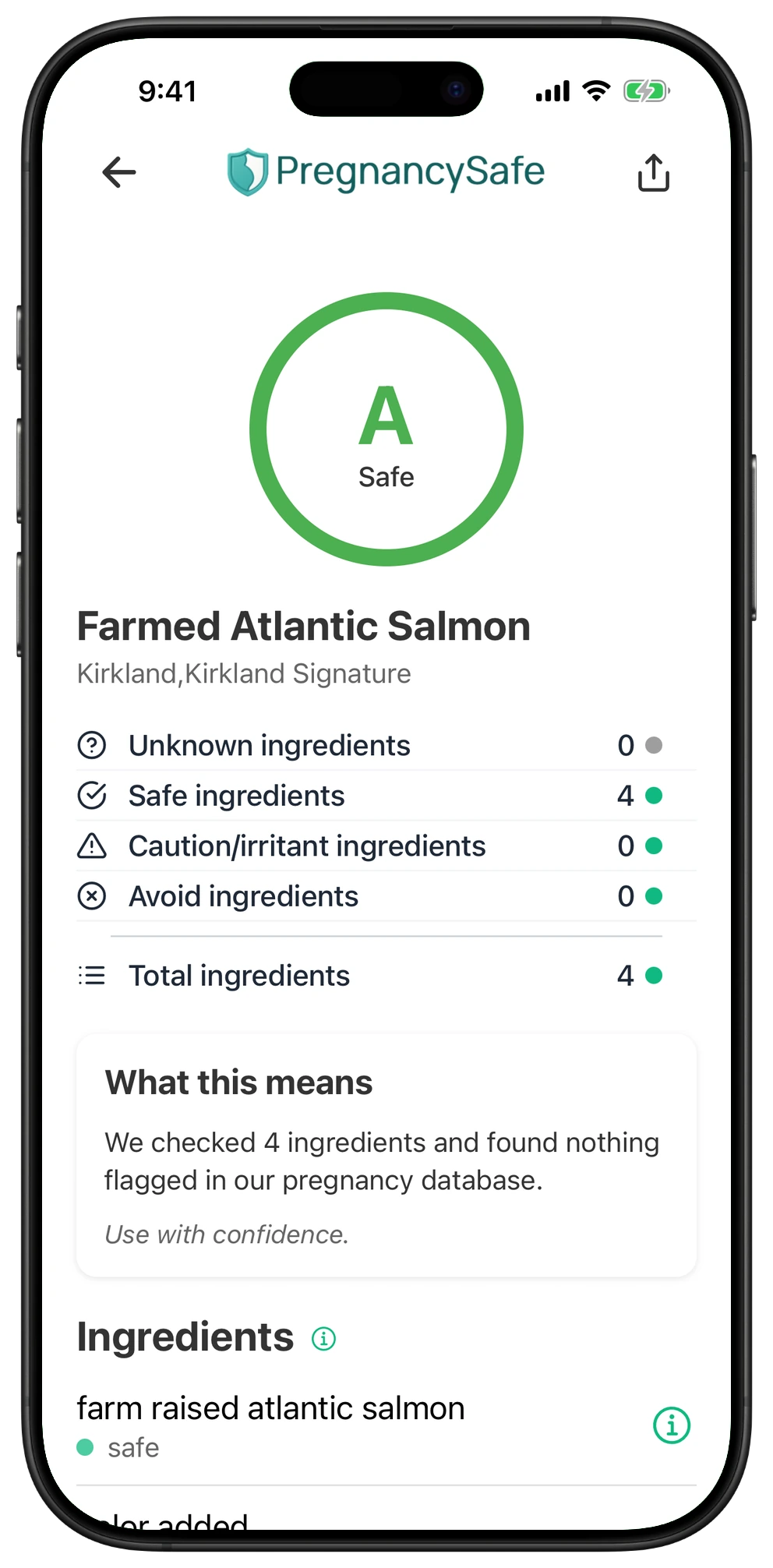 Pregnancy Safe app result for Farmed Atlantic Salmon