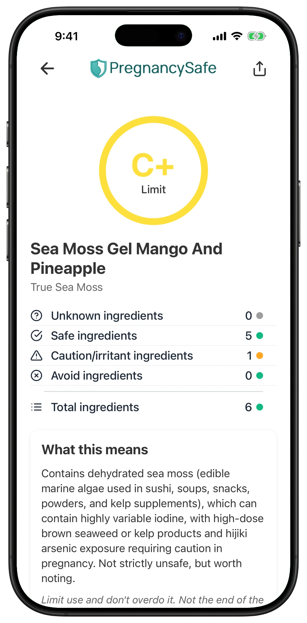Pregnancy Safe app result for Sea Moss Gel Mango And Pineapple