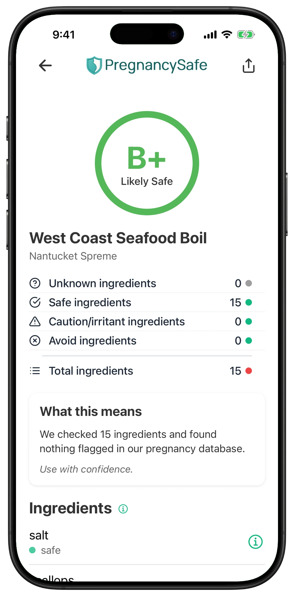 Pregnancy Safe app result for West Coast Seafood Boil