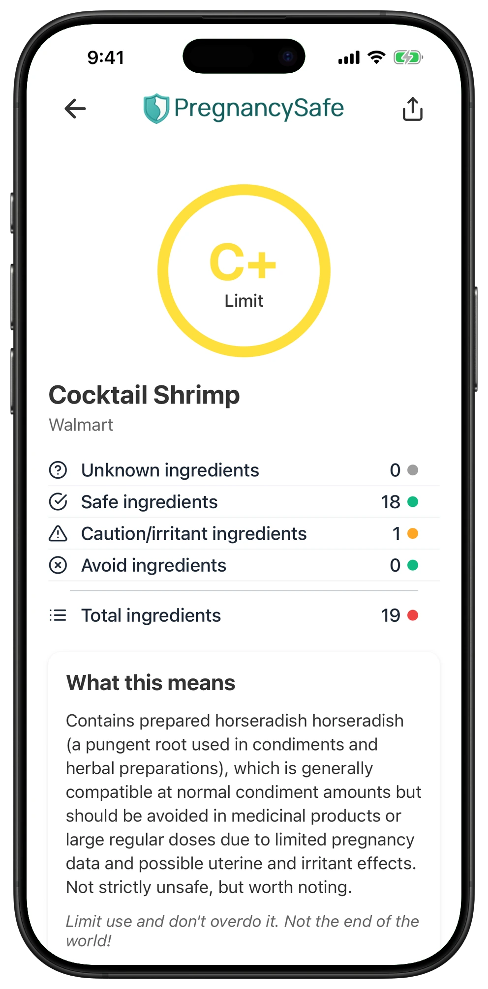 Pregnancy Safe app result for Cocktail Shrimp