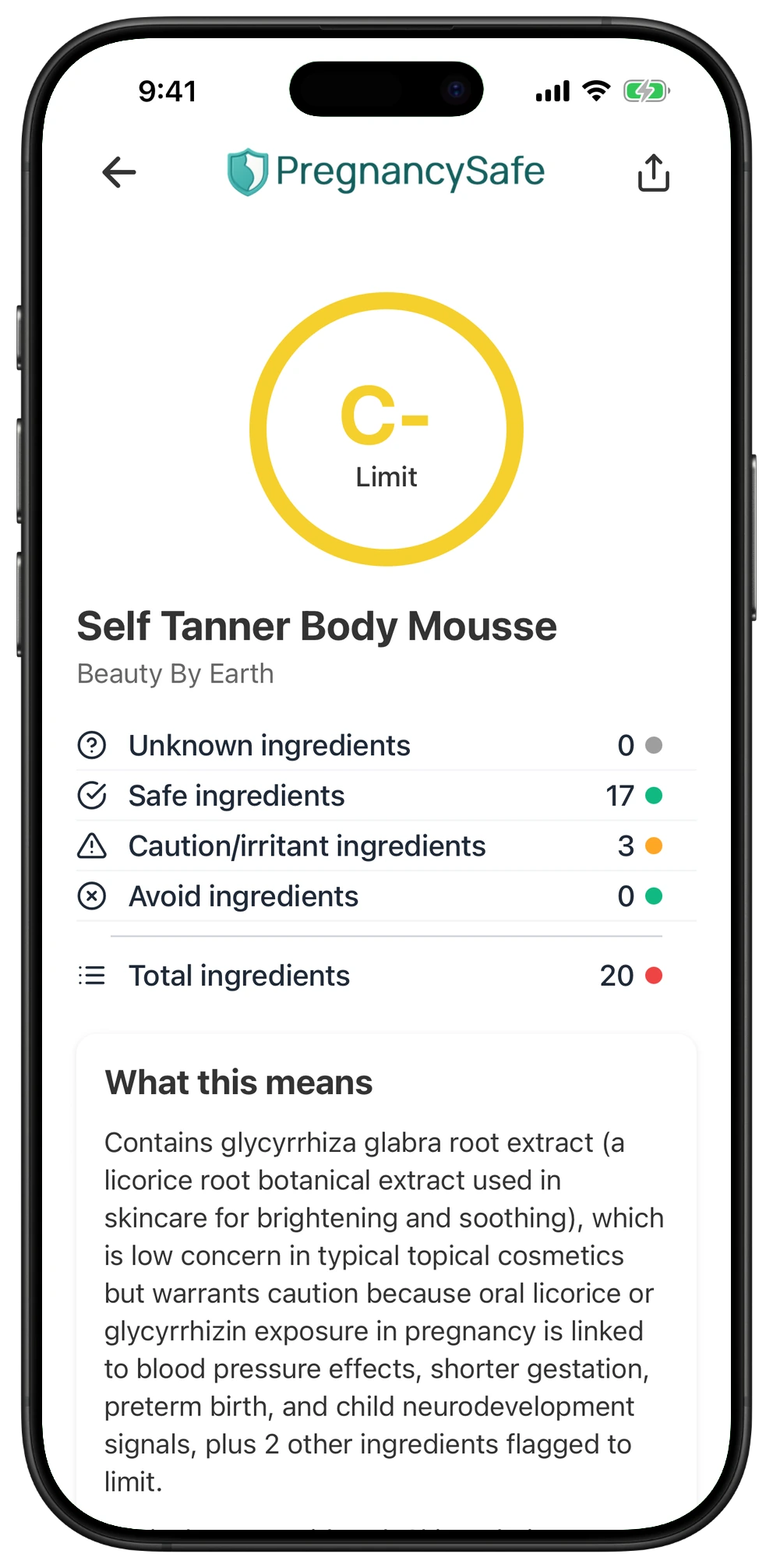 Pregnancy Safe app result for Self Tanner Body Mousse