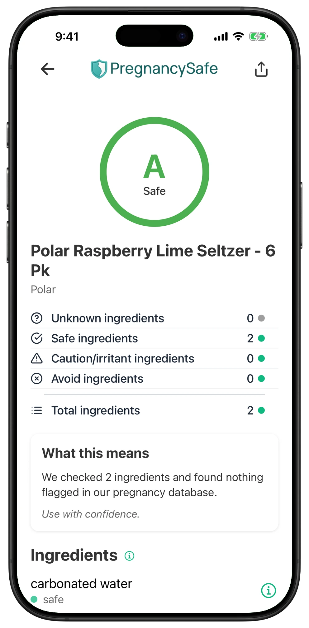 Pregnancy Safe app result for Polar Raspberry Lime Seltzer - 6 Pk