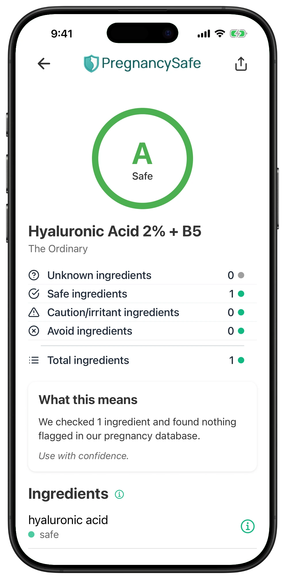 Pregnancy Safe app result for Hyaluronic Acid 2% + B5