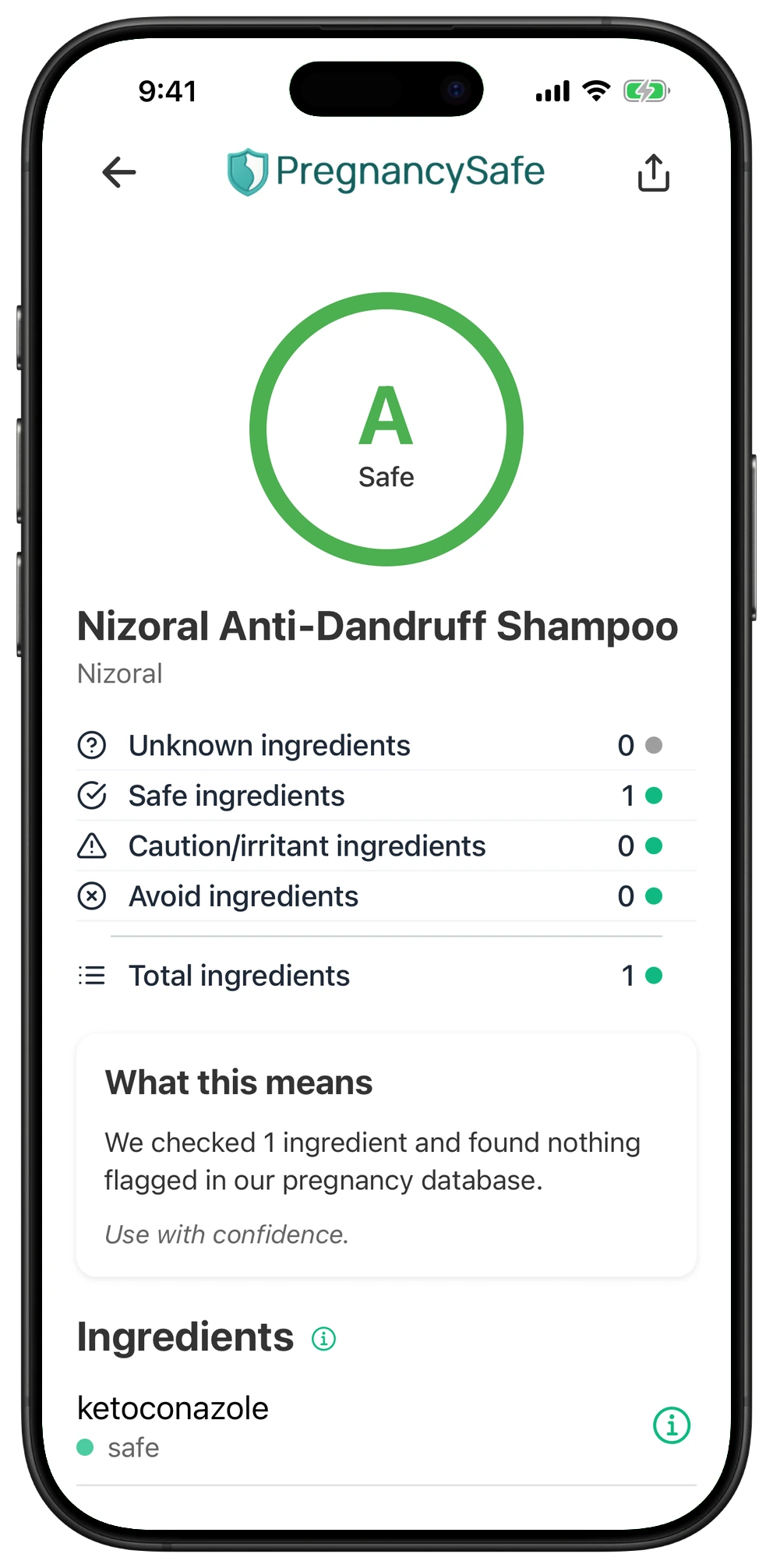 Pregnancy Safe app result for Nizoral Anti-Dandruff Shampoo
