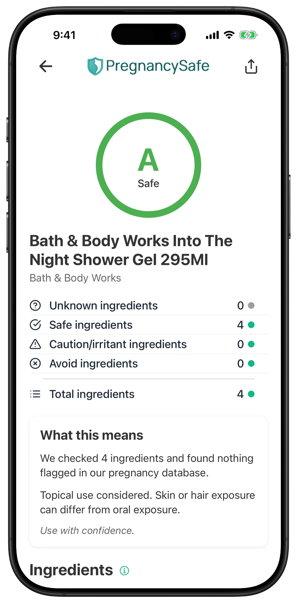 Pregnancy Safe app result for Bath & Body Works Into The Night Shower Gel 295Ml