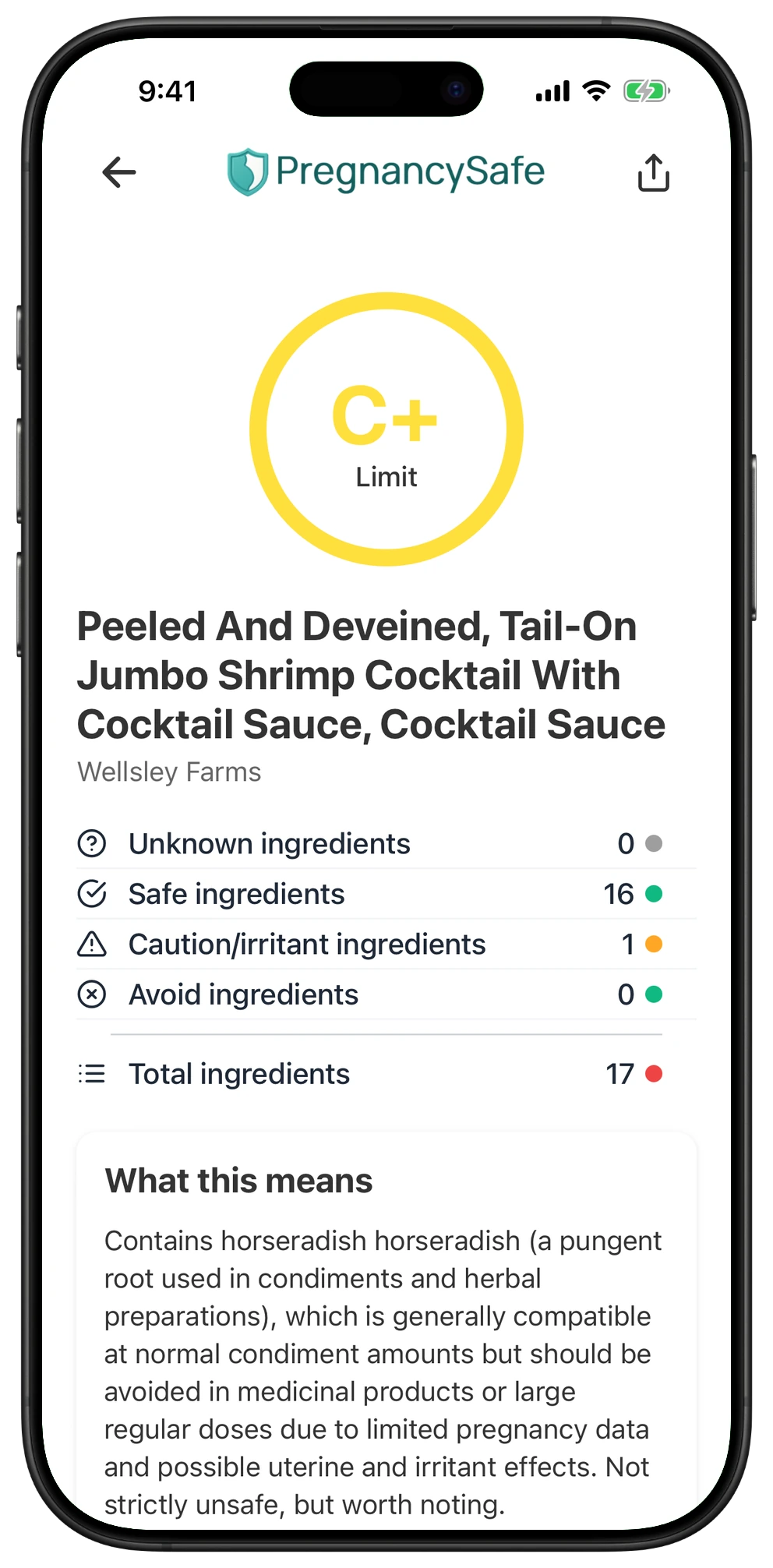 Pregnancy Safe app result for Peeled And Deveined, Tail-On Jumbo Shrimp Cocktail With Cocktail Sauce, Cocktail Sauce