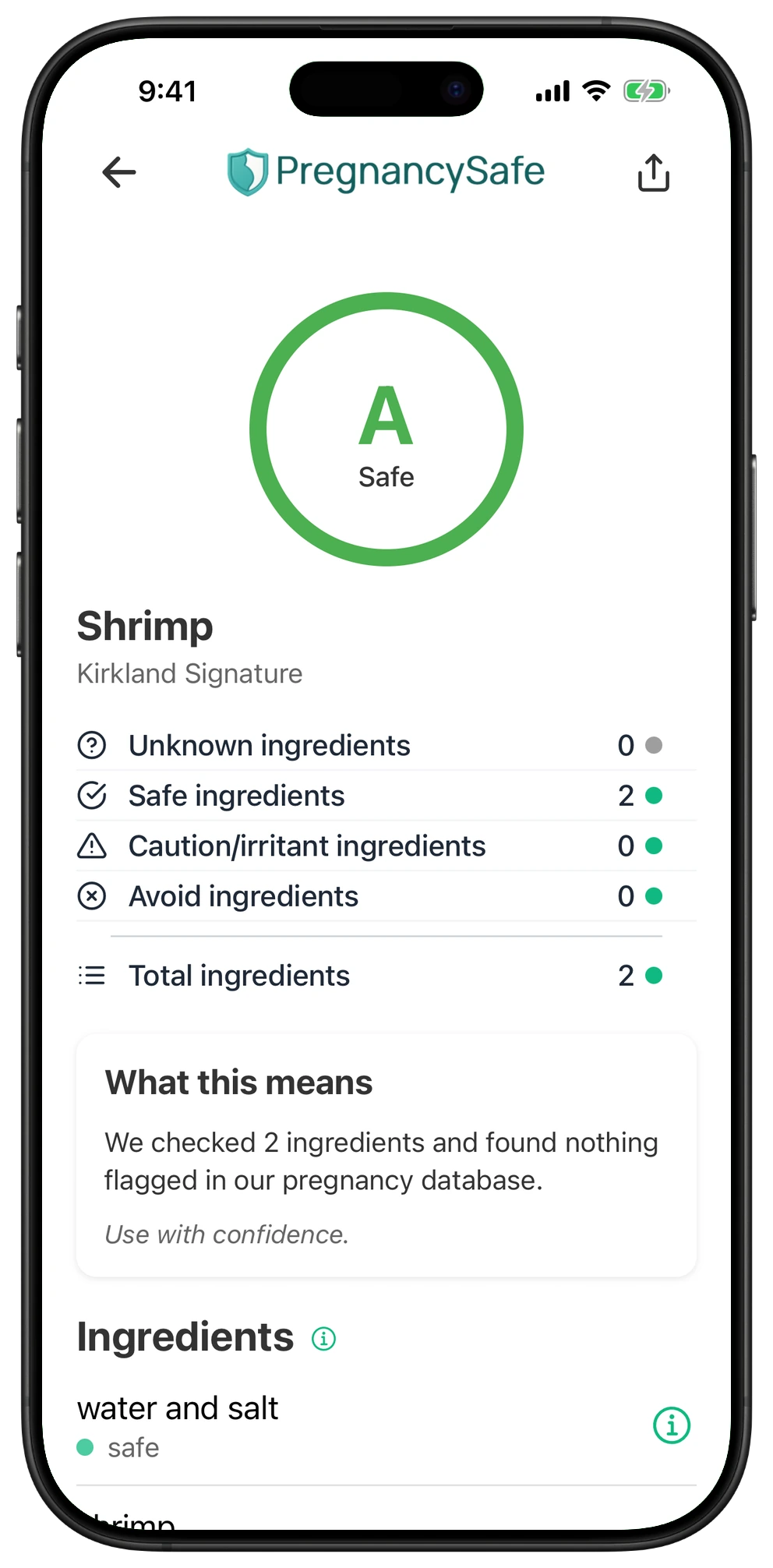 Pregnancy Safe app result for Shrimp