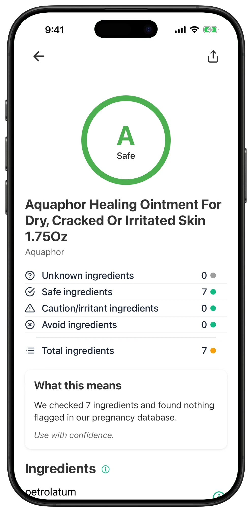 Pregnancy Safe app result for Aquaphor Healing Ointment For Dry, Cracked Or Irritated Skin 1.75Oz