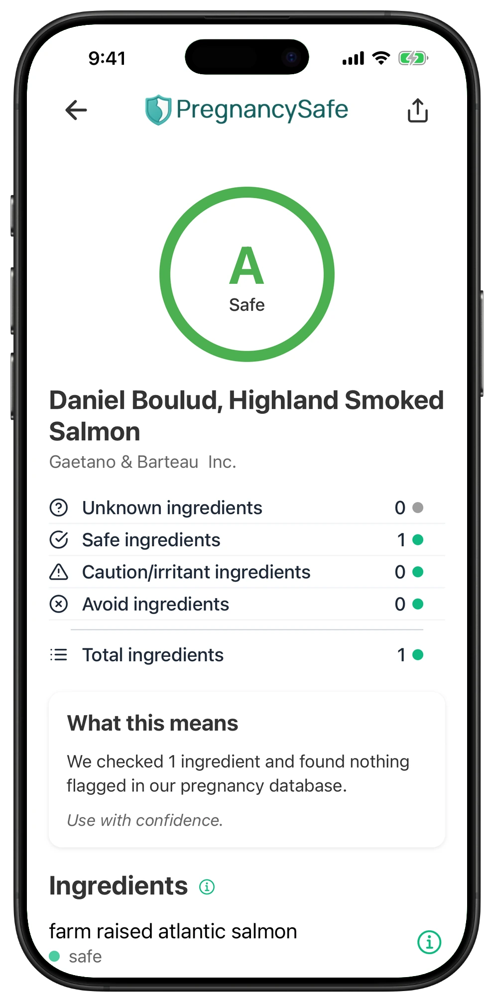 Pregnancy Safe app result for Daniel Boulud, Highland Smoked Salmon