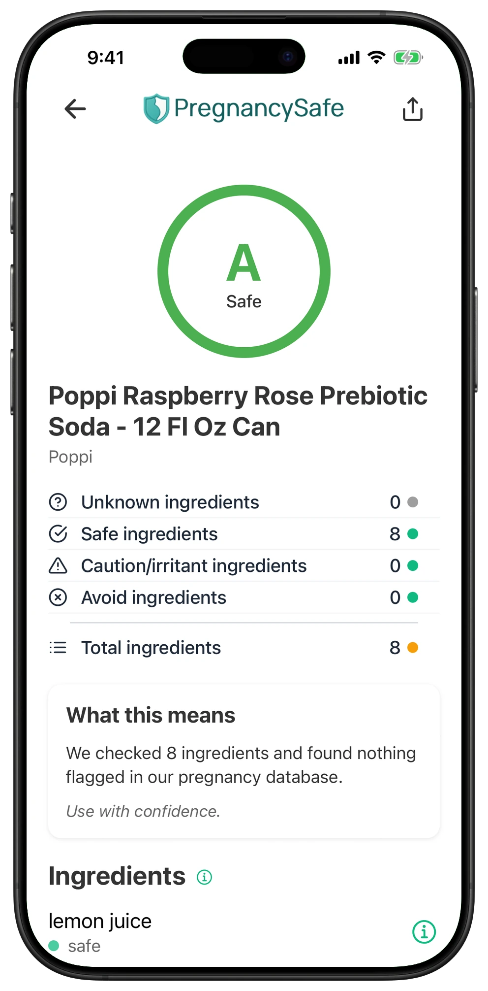 Pregnancy Safe app result for Poppi Raspberry Rose Prebiotic Soda - 12 Fl Oz Can