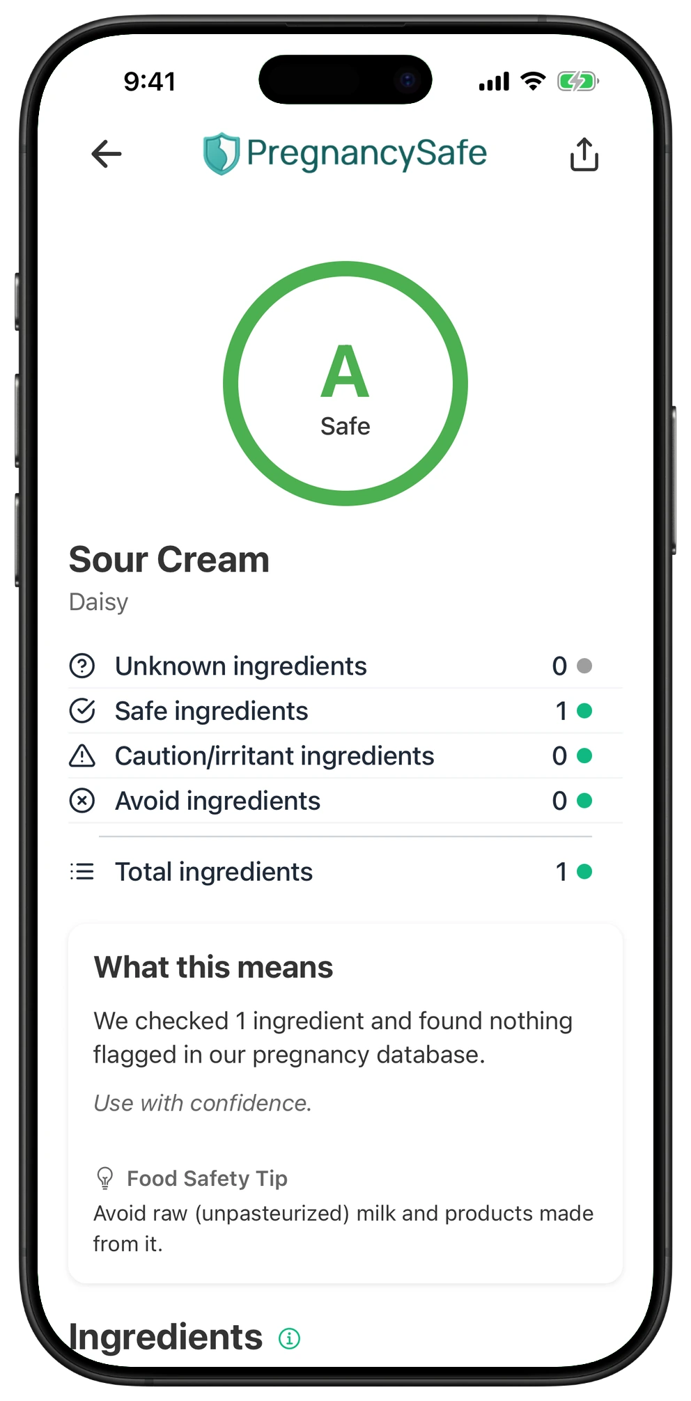 Pregnancy Safe app result for Sour Cream