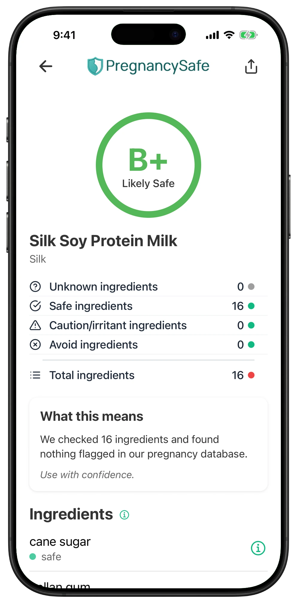 Pregnancy Safe app result for Silk Soy Protein Milk