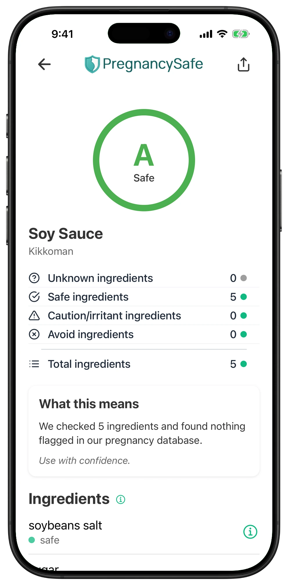 Pregnancy Safe app result for Soy Sauce