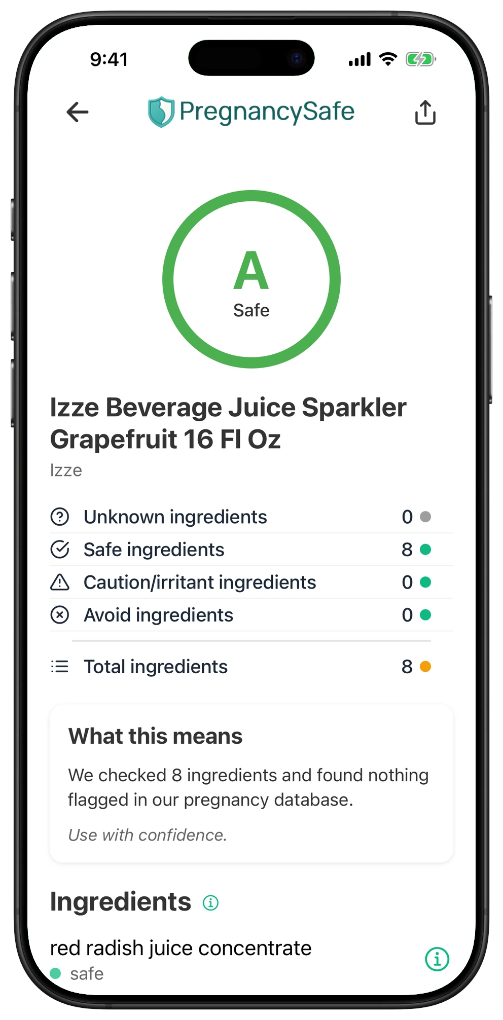 Pregnancy Safe app result for Izze Beverage Juice Sparkler Grapefruit 16 Fl Oz