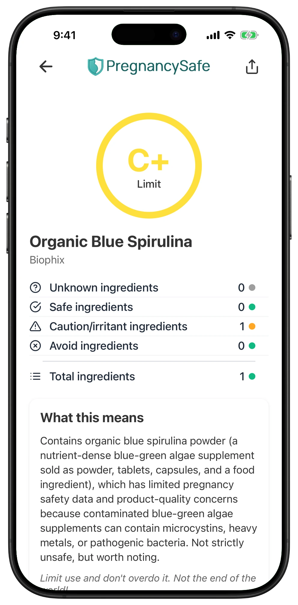 Pregnancy Safe app result for Organic Blue Spirulina