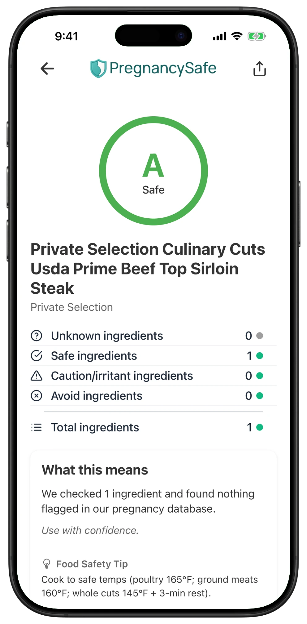 Pregnancy Safe app result for Private Selection Culinary Cuts Usda Prime Beef Top Sirloin Steak