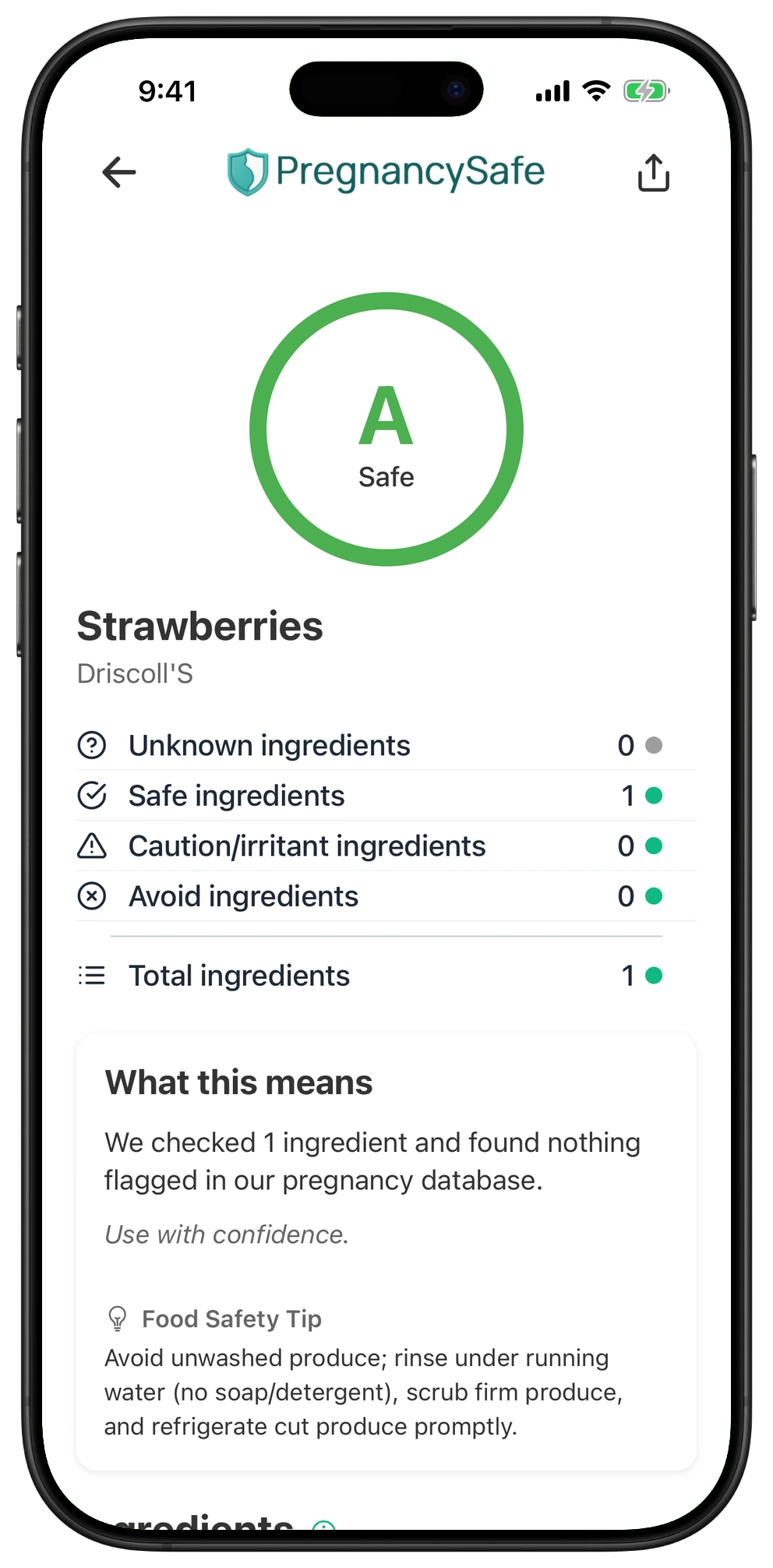 Pregnancy Safe app result for Strawberries